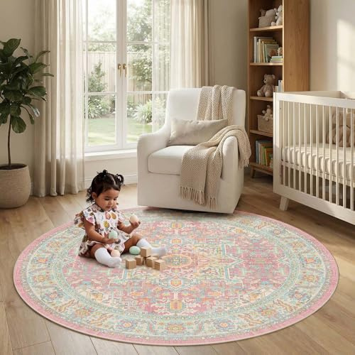 Kokia Vintage Runder 120 cm Blütenrosa Waschbar fürs Kinderzimmer | Weich, Rutschfest und Fleckenfest, Flacher Flor in Blütenrosa mit Orient-Medaillonmuster im Used Look für Leseecke