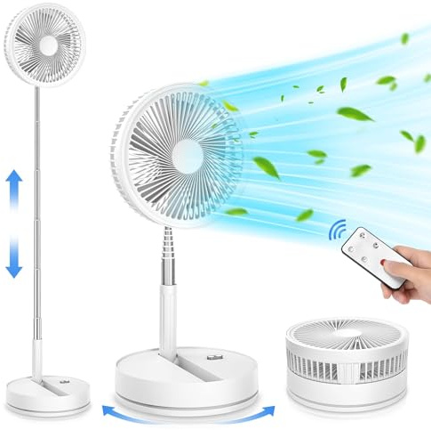 FGRYB Ventilador de Pie Portatil Silencioso - 8,6 Recargable Fan | Plegable, Oscilante, 4 Velocidades, Temporizador, 8000mAh Bateria, Mando a Distancia. Ideal para Dormir Oficina Camping