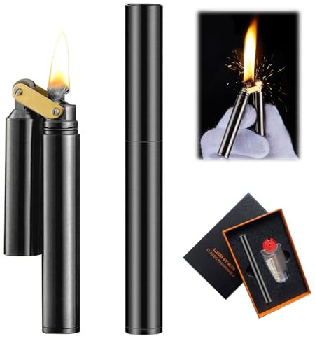 Herbst Vintage Feuerzeug Schwarz, Slim 83x10mm Taschenfeuerzeug Nachfüllbar | Wheel Mechanisches Feuerzeug Geschenke für Männer (Schwarz)
