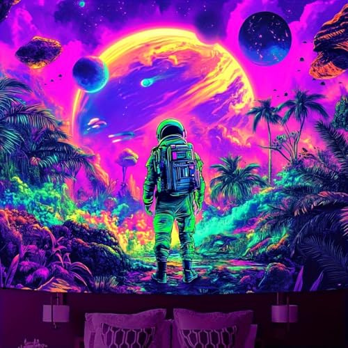 Arsey Schwarzlicht Wandteppich mit Astronaut und Psychedelic Weltraum, Galaxie Planet Wandtuch, UV-Reaktive Wandbehang Stoff für Kinder Geburtstag Hintergrund Schlafzimmer 200 x 150cm