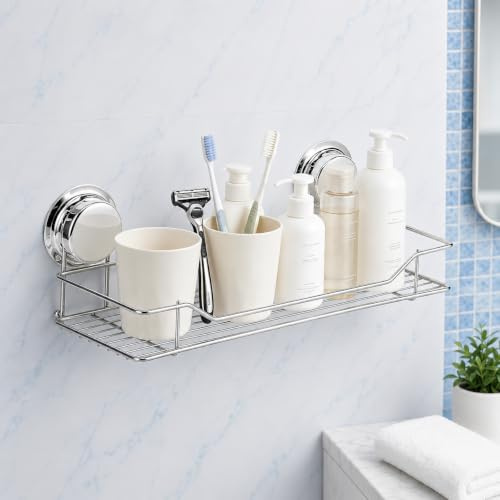 Suction Cup Shower Caddy, Stainless Steel Shower Caddy, Bathroom Shelf | Rustproof Bathroom Shelf with Drainage Basket, No Drilling for Bathroom Kitchen Organizer, 6KG Load