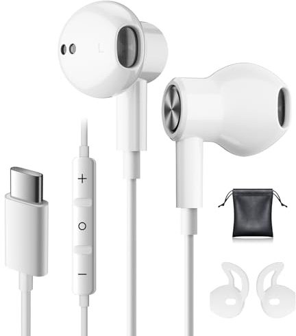 Auriculares USB C para iPhone 17 Pro MAX 16 Pro 15 y Control del Volumen | Cascos USB Tipo C para Samsung Galaxy S24 S23 S22 Ultra S25 A55 A35 A54 Pixel 9 8 7 6 Pro iPad 10 In-Ear con Micrófono