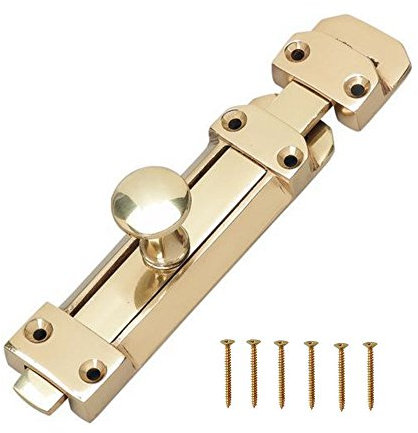 6 Polished Brass Flat Slide Door Bolt 100mm with Keep and screws