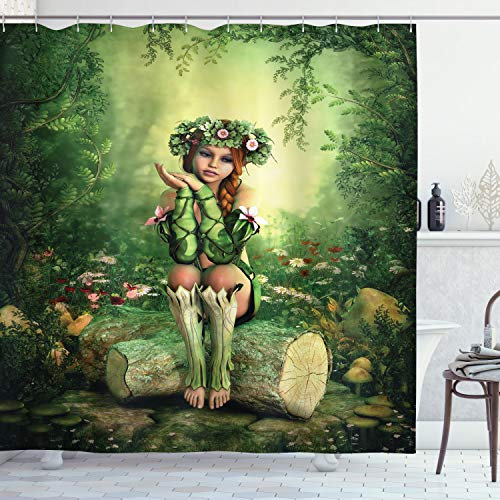 ABAKUHAUS Fee Duschvorhang, Elf Mädchen mit Kranz Baum, Stoffliches Gewebe Badezimmerdekorationsset mit Haken, 175 x 240 cm, Beige Grün und Rosa