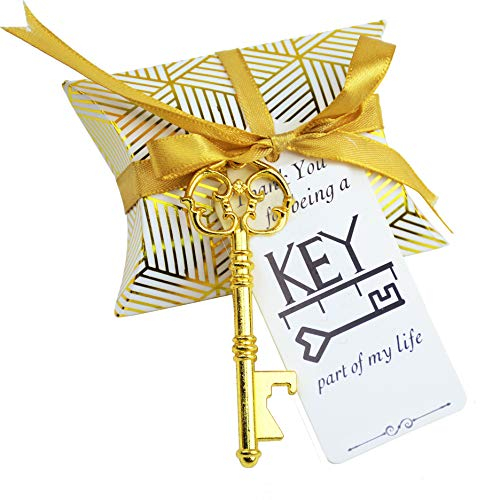 Makhry 50pcs Wedding Favor Souvenir Gift Set Pillow Candy Box Vintage Skeleton Key Bottle Openers Escort Thank You Tag French Ribbon (Gold B)