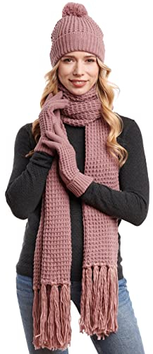 Hilltop Winterset 3-Teilig aus Strickschal, Strickmütze und Handschuhen, XXL-Schal mit Fransen, Winter-Schal, Damen Schal mit passender Mütze, Bommelmütze, Old Rose