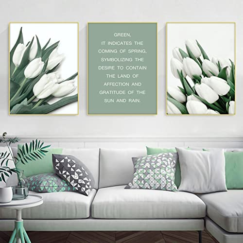 TROYSINC 3er Set Design-Poster Wandbilder, Ohne Rahmen Wandbild Print Bilder Grün Pflanzenblatt Leinwand Kunstposter mit Tulpe für Wohnzimmer Deko (30 x 40 cm)