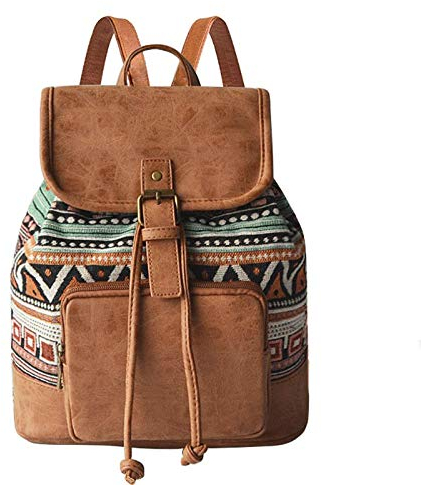 Spydge Mochila Bohemia Moda la Mochila de Lona y Cuero Impermeable Pequeño Mochila de Hombro con Correa de Hombro Ajustable para Compras Citas Fiestas Vacaciones Viajes al aire Libre