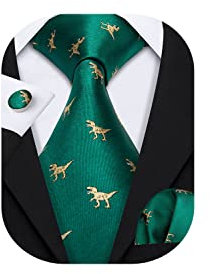 Barry.Wang Paisley Herren-Krawatten-Set, Seidenkrawatte, Einstecktuch, Manschettenknöpfe, formelle Hochzeit, Party, Business, Dinosaurier (Grün), Einheitsgröße