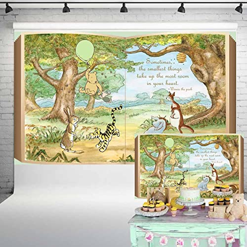 Claasic Pooh Riesenbuch-Hintergrund, geschlechtsneutrale Babyparty-Dekorationen, Vintage-Winnie-Bär, grüner Ballon in Hundert Acre Holzhintergrund, Geburtstagsparty-Banner, 1,5 x 0,9 m, 114 cm