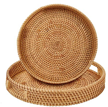 Whalehub Bandeja redonda de ratán para servir con asas, cesta tejida a mano, bandeja organizadora de decoración del hogar para desayuno, té, aperitivos, frutas, café (grande + mediano)