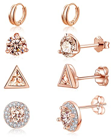 Ohrstecker Silber 925, 4 Paar Ohrringe Silber 925 Creolen Silber 925 mit Zirkonia, Klein Schlafen Knorpel Ohrstecker Ohrringe Set für Damen Mädchen (Rosegold)