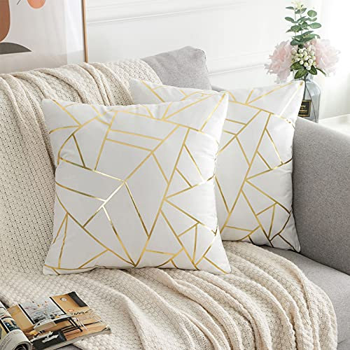 ETOLISHOP Kissenbezug Weiß Kissenbezug Samt Kissenhülle 50x50cm Deko Kissenbezüge Dekokissen Quadratische Dekorative Gold Linien Geometrie für Sofa Schlafzimmer Outdoor Zierkissen Bezug 2er Set