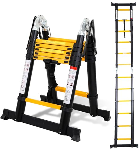 Joparri Scala telescopica pieghevole in alluminio, 3,8 m (1,9 + 1,9), antiscivolo, multifunzione, portatile, in alluminio, portata massima 150 kg, colore: nero e giallo (SNOF-8885-M1c)
