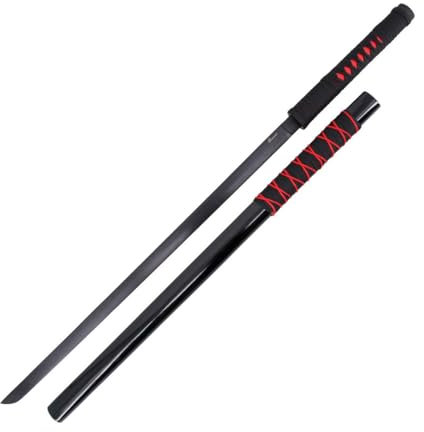 Katana S5045 von Kakashi Hatake aus Naruto, inoffizielle Nachbildung, 102 cm, Schwarze Stahlklinge, mit schwarzer und roter Umwicklung, schwarzer Griff mit roter Rochenhautimitation