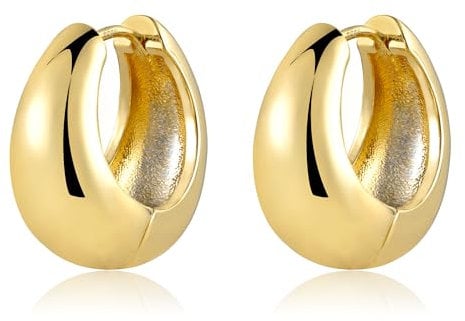 Gold Chunky Hoop Earrings for Women, Sterling Silver 925 14K Gold Cartilage Huggie Hoop Earrings, Small Oval Thick Wide Chunky Hoop Earrings Elegant Lightweight Gold Chunky Earrings for Women