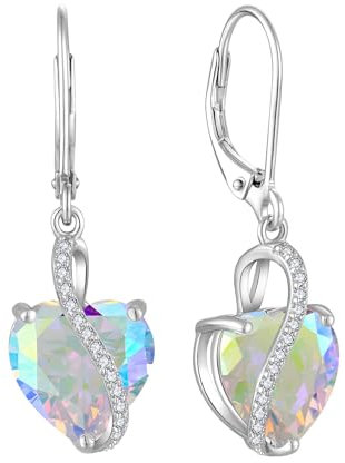 YL Pendientes colgantes de corazón para mujer, plata de ley 925, 12 piedras de nacimiento, aretes de circonita cúbica, regalos de joyería para su esposa, novia, Plata de ley, Circonia cúbica