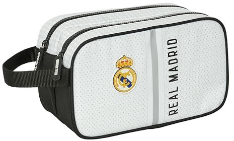 Safta Real Madrid 1ª EQUIPACIÓN 24/25 - Neceser Escolar Infantil Grande, Neceser Infantil, Adaptable a Carro, Ideal para Niños de 5 a 14 Años, Cómodo y Versátil, 26x12.5x15 cm, Color Blanco/Gris