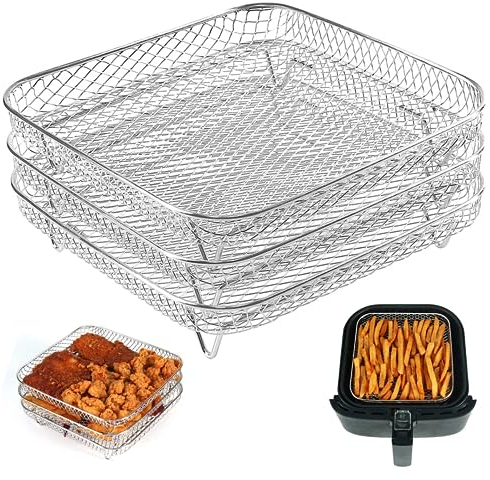 Rejilla para freidora de aire, 3 piezas, apilable, torre cuadrada de 8,27 pulgadas, cesta para freidora de aire, rejilla para parrilla de acero inoxidable, accesorios para freidora de aire para barbac