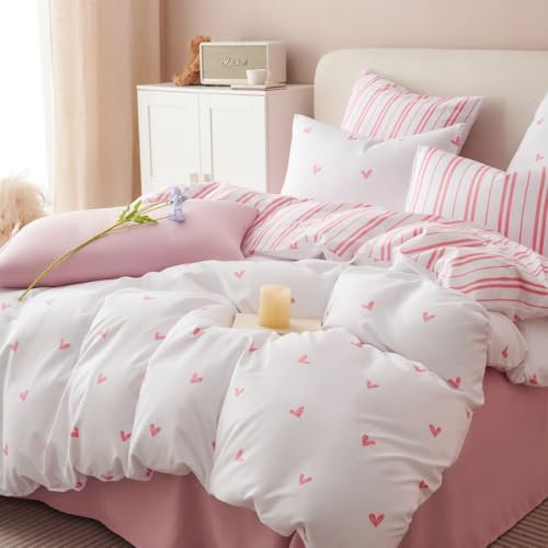 Tospass Liebe Bettwäsche 135x200cm 4 Teilig Weiß Rosa Herz Gestreift Mädchen Wende Bettwäsche Set Liebesmotiv Romantisch Mikrofaser Deckenbezug 2 Bettbezug mit Reißverschluss 2 Kissenbezug 80x80cm
