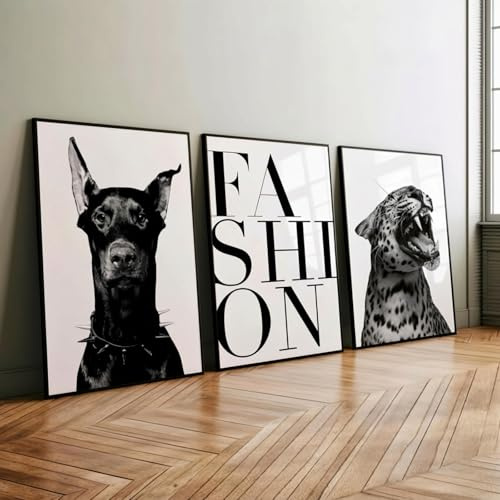 Xiyocadt 3er Poster Set,Lustiges Tierposter, Schwarz-weißer und Hund Leoparden-Wandkunst, Trendiger Druck, Asthetische Drucke für Wohnzimmer, Schlafzimmer, Badezimmer, Ohne Rahmen (40x50cm)