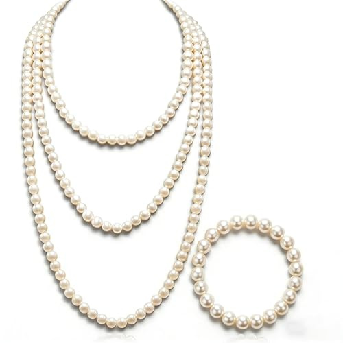 LAIYORA Lange Perlenkette Damen 150cm & Armband Set 8mm Faux Perlen 1920er Jahre Kostüm Accessoires Vintage Perlenschmuck Geburtstag Hochzeit weiß