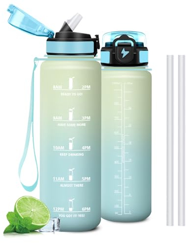 Mujigaga Borraccia 1 litro, Senza Perdite Borracce con Cannuccia, Borraccia Palestra con Indicatore del Tempo, Facile da Pulire, Borracce Motivazionale per Ciclismo, Gym, Campeggio