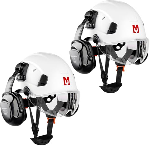 Mustbau Forsthelm EN397 Bauhelm & Schutzhelm mit Visier und Gehörschützern, ABS-Arbeitshelm für Erwachsene Forstwirtschaft & Baustelle 53-63cm verstellbar