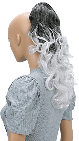CAISHA 20 Hairpiece Ponytail Clip On Extension With Butterfly Claw Voluminous Wavy Ombré Black Gray H121