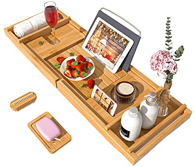 Bath Caddy Tray for Bathtub - Bamboo Adjustable Organizer Tray for Bathroom with Free Soap Dish Suitable Spa or Reading