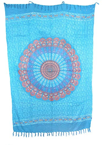 Sarong Pareo Mandala Maya II hellblau-apricot/große Auswahl schönste Farben/Wickelrock Strandtuch Sauna-Tuch Wickelkleid Schal Wickeltuch Bademode Freizeitmode Sommermode/aus 100% Viskose