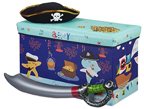Relaxdays Sitzbox Kinder, Faltbare Aufbewahrungsbox mit Stauraum, Deckel, Motiv, Jungen & Mädchen, 50 Liter, dunkelblau, Treasure Hunt
