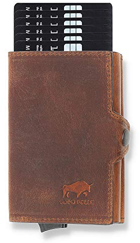 Solo Pelle Leder Geldbörse Herren | Kreditkartenetui | Kartenetui Slim Wallet Portmonee | Geldbeutel mit RFID Schutz für bis zu 11 Karten Model: Mech (Vintage Braun mit Scheinfach + Kleingeldfach)