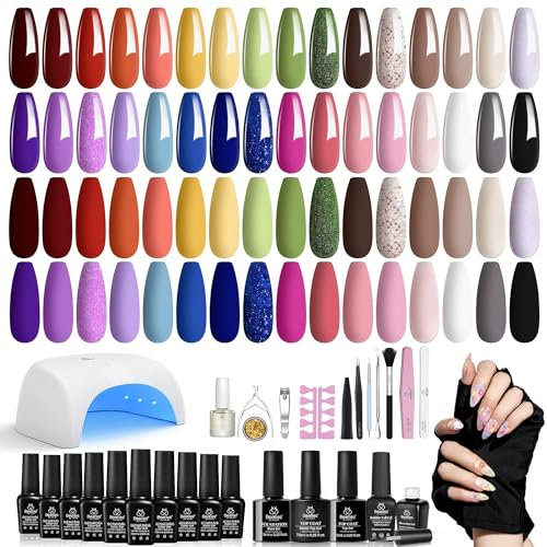 Beetles 52 Pcs Gel Nail Polish Kit with UV LED Light Starter Kit Soak Off 32 Colors Brownnails Glitter Gel Polish Set with Base Top Coat 36W Nail Dryer Building Gel Blomming Gel Nail Art