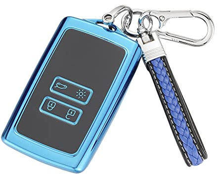 TPU Cover Shell for Renault 4 Buttons Car Key Fob,Keyless Smart Card Case Holder Fit to Clio/Megane/Kadjar/Captur/Dacia Duster,with Keychain - Blue