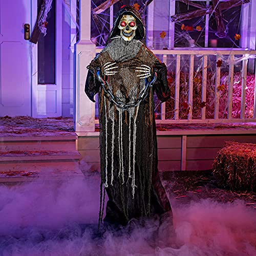 JOYIN 175cm Halloween Animierte Sensenmann Dekoration mit Kette, Lebensgroßes Skelett mit leuchtenden Augen Gruseliger Sound (Sound Aktiviert) für Haunted House Prop Outdoor/Indoor Lawn