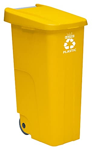 Contenedor - cubo de basura Wellhome Reciclo 110L, color amarilllo cerrado con tapa, ideal para reciclaje de PLÁSTICOS, con ruedas