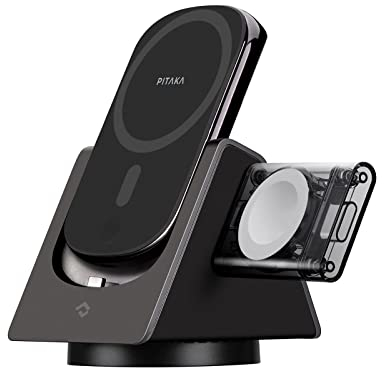 PITAKA 3-in-1 Magsafe Ladestation mit Wireless Magnetische Powerbank Apple Ladegeräte für iPhone 15/14/13/12 Serie, Apple Watch Serie und AirPods Pro 2/Pro/3/2 [MagEZ Slider 2+Power Dongle]