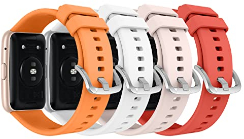 MoKo Lot de 4 Bracelets Compatible avec Huawei Watch Fit Active/Elegant, Bracelet de Montre de Sport Remplacement en Silicone, Orange/Blanc/Rose/Rouge