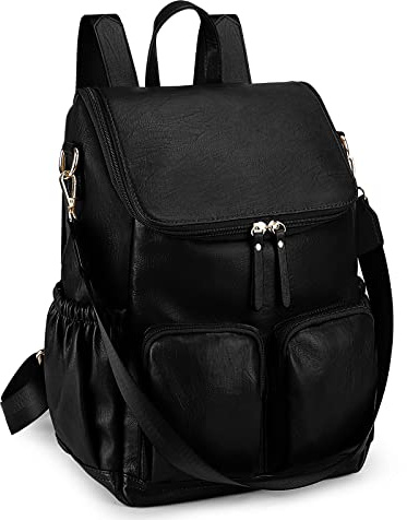 UTO Damen Rucksack Leder Synthetik Daypack Rucksackhandtaschen Modischer Multifunktionsrucksack Vielen Fächer Große Kapazität Tagesrucksack Reißverschluss für Reise Schule Arbeit Schwarz