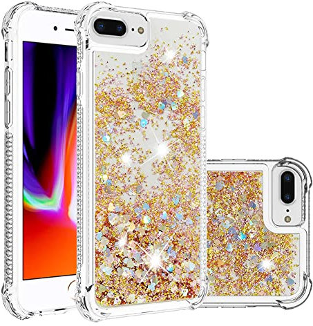 IMEIKONST Compatible with iPhone 8 Plus / 7 Plus Glitter Case, Liquid Sparkle Quicksand Clear Transparent Sequin Slim TPU Bumper Silicone Shockproof Cover for iPhone 6S Plus / 6 Plus. Love Gold YBW