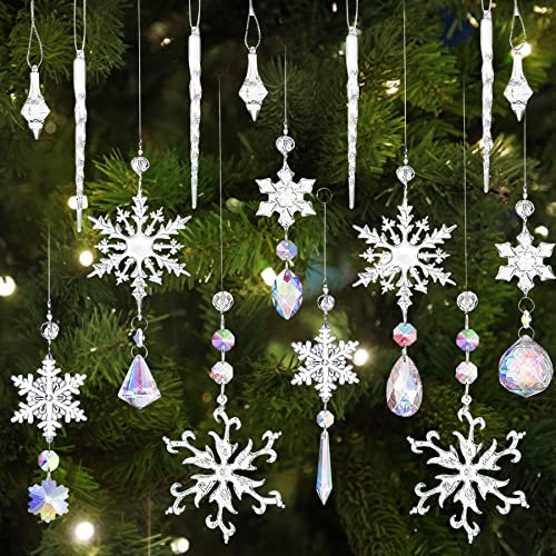 16 Stück Acryl Eiszapfen Schneeflocke Eistropfen Anhänger,Weihnachtsbaum Kristall Dekorationen,Weihnachtenbaum ,Weihnachtsbaumschmuck,Kristallschneeflocke für die Weihnachtsbaumparty