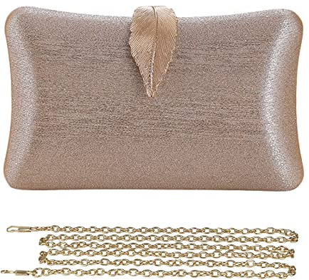 CORIOS Clutch Damen Kette Abendtasche Glitter Handtasche Glänzend Schultertasche Umhängetasche mit Blatt Schnalle Verschluss Portemonnaie Tasche für Cocktailparty Abendparty Tanzparty Champagnerfarbe