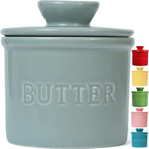 PriorityChef Französischer Buttertopf mit Deckel, Get on Demand Streichbare Butter, Keramik-Butterbehälter zum Ablassen auf der Theke mit Wasserlinie, Hellgrau