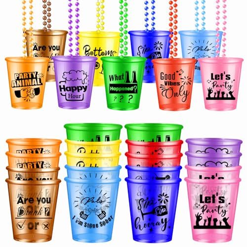 TGE-V 24 Pack Shot Glass on Beaded Necklace Shot Glass Necklaces Plastic Shot Necklace Cups for Birthday Party