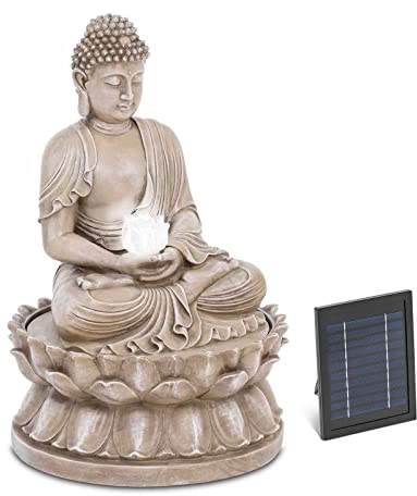 hillvert HT-SF-102 Fontaine solaire de jardin - Figurine de Bouddha assis - Éclairage LED - Batterie au lithium - 5 m - Câble en polyrésine - Jeu d'eau solaire - Fontaine solaire de jardin