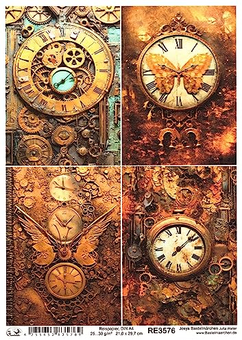 Josys Bastelmärchen Reispapier A4 Strohseide Decoupage Steampunk Cyberpunk Rost Shabby Uhr RE3576