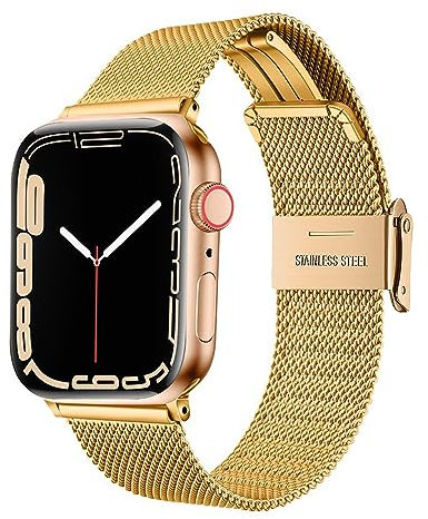BolYel Cinturino Compatibile con Apple Watch 42mm 44mm 45mm,Mesh metallo sostituzione cinturino con fibbia regolabile per iWatch 7/6/5/4/3/2/1 SE per uomini/donne, Oro