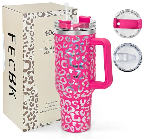 FECBK 1,2L Kaffeebecher to Go Thermobecher Doppelwandig Edelstahl Vakuumisoliert Auslaufsicher Trinkbecher mit Deckel und Strohhalm 40 oz Tumbler Cup, Spülmaschinenfest, Hot Pink Leopard