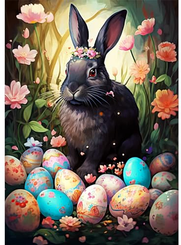 AIRDEA 5D Ostereier Schwarzer Hase Diamond Painting Erwachsene Kits, DIY Diamond Painting Bilder, Mosaikherstellung Malen Nach Zahlen, Full Drill Malerei Kits für Home Wand Décor 30x40cm
